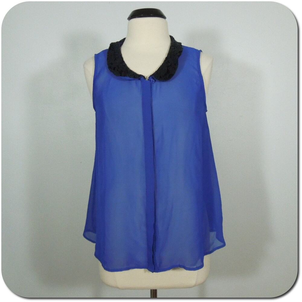 MOSSIMO Tank Top L LARGE Womens Cobalt Button Up Black Lace Collar